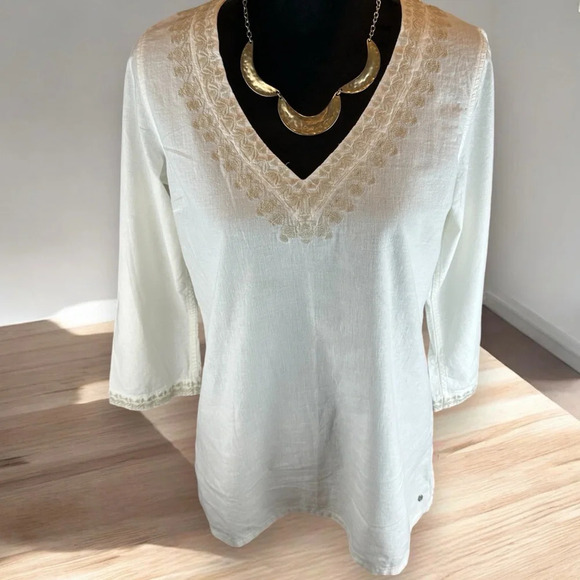 Eddie Bauer Ivory V Neck Embroidered Tunic 3/4 Sleeve Linen Rayon Womens  M Boho - Picture 7 of 7